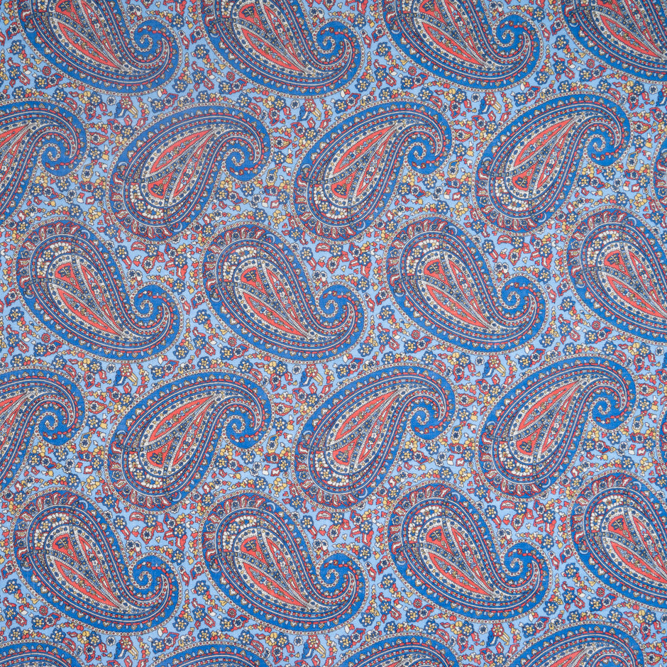 Blue & Red Paisley Printed Pure Linen