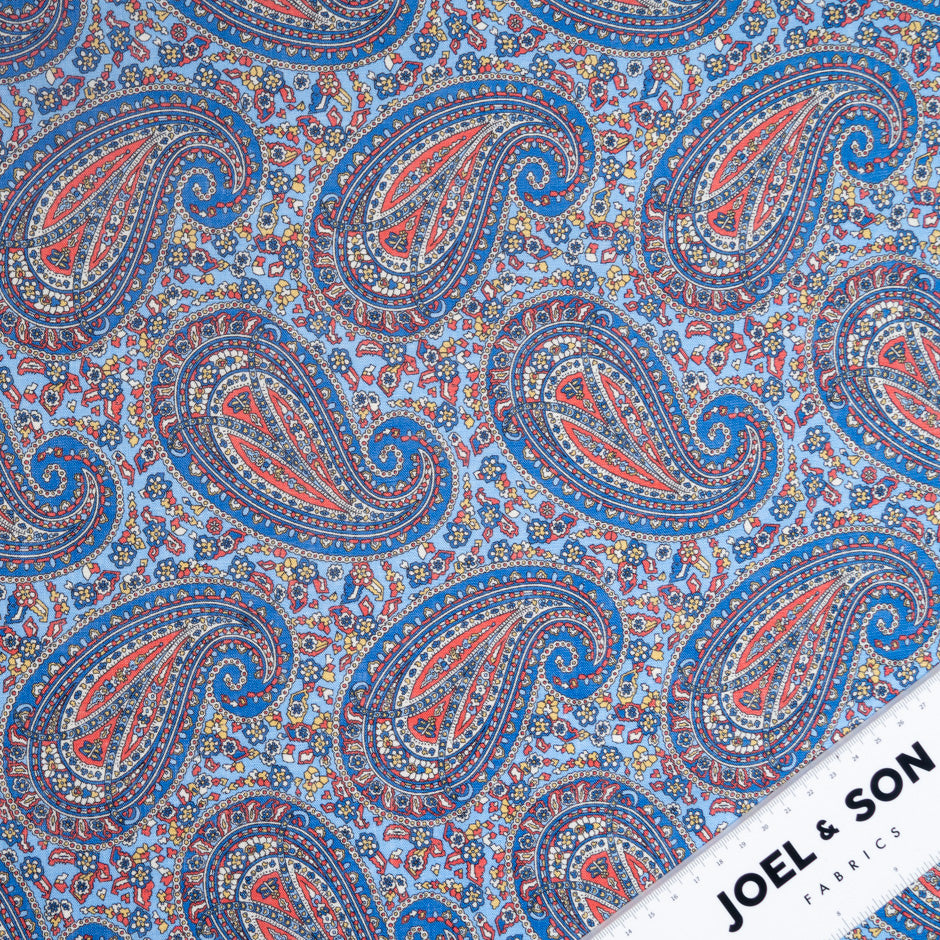 Blue & Red Paisley Printed Pure Linen