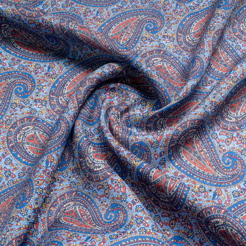 Blue & Red Paisley Printed Pure Linen