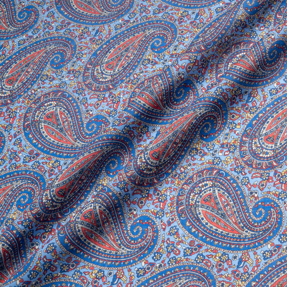 Blue & Red Paisley Printed Pure Linen