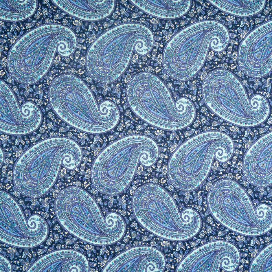 Blue & Lilac Paisley Printed Pure Linen