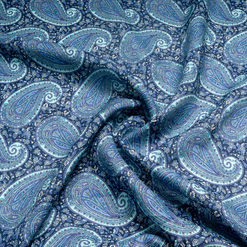 Blue & Lilac Paisley Printed Pure Linen