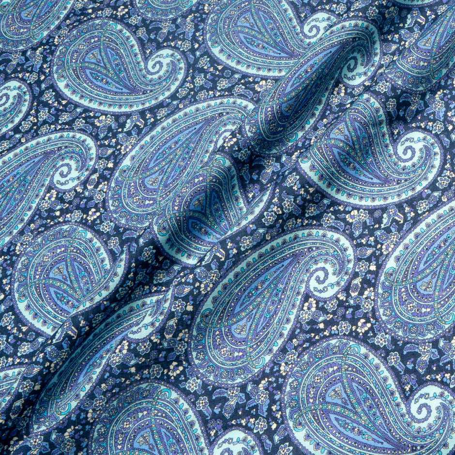 Blue & Lilac Paisley Printed Pure Linen