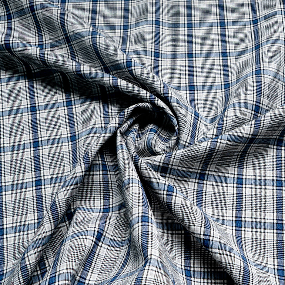 Blue Checkered Cotton, Linen & Wool Blend