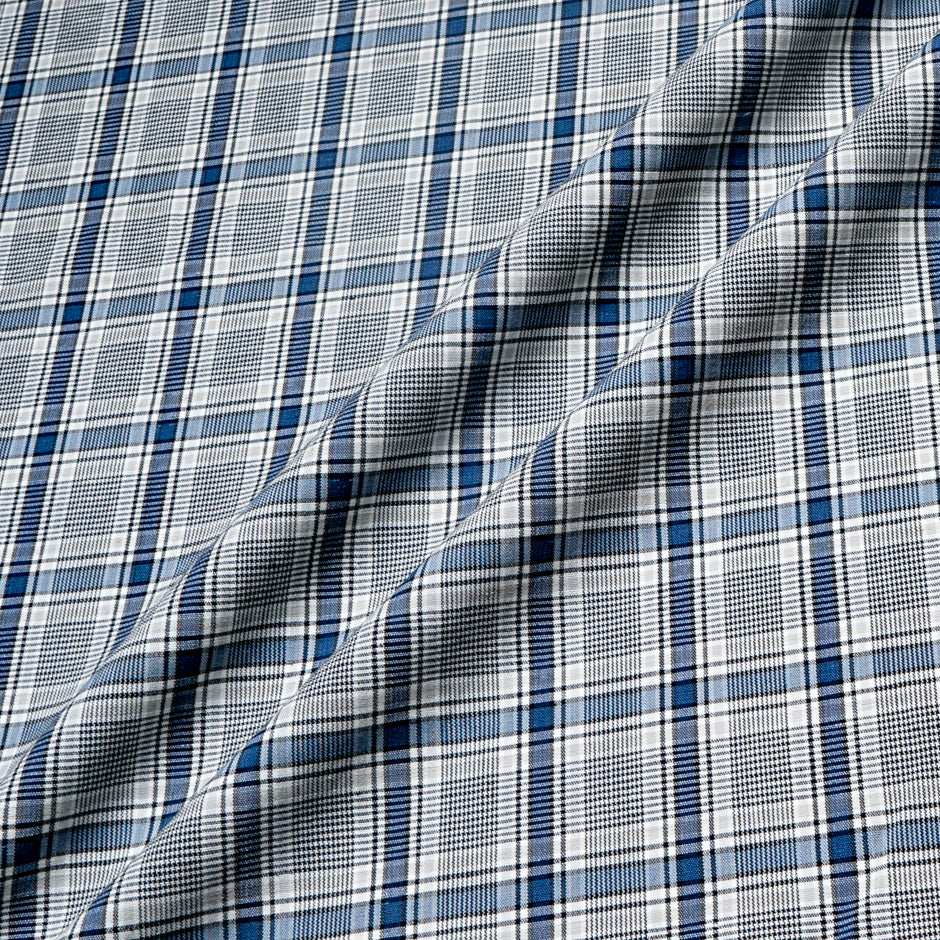 Blue Checkered Cotton, Linen & Wool Blend