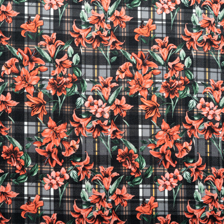 Red Floral Tartan Printed Pure Merino Wool