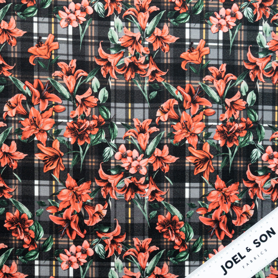 Red Floral Tartan Printed Pure Merino Wool