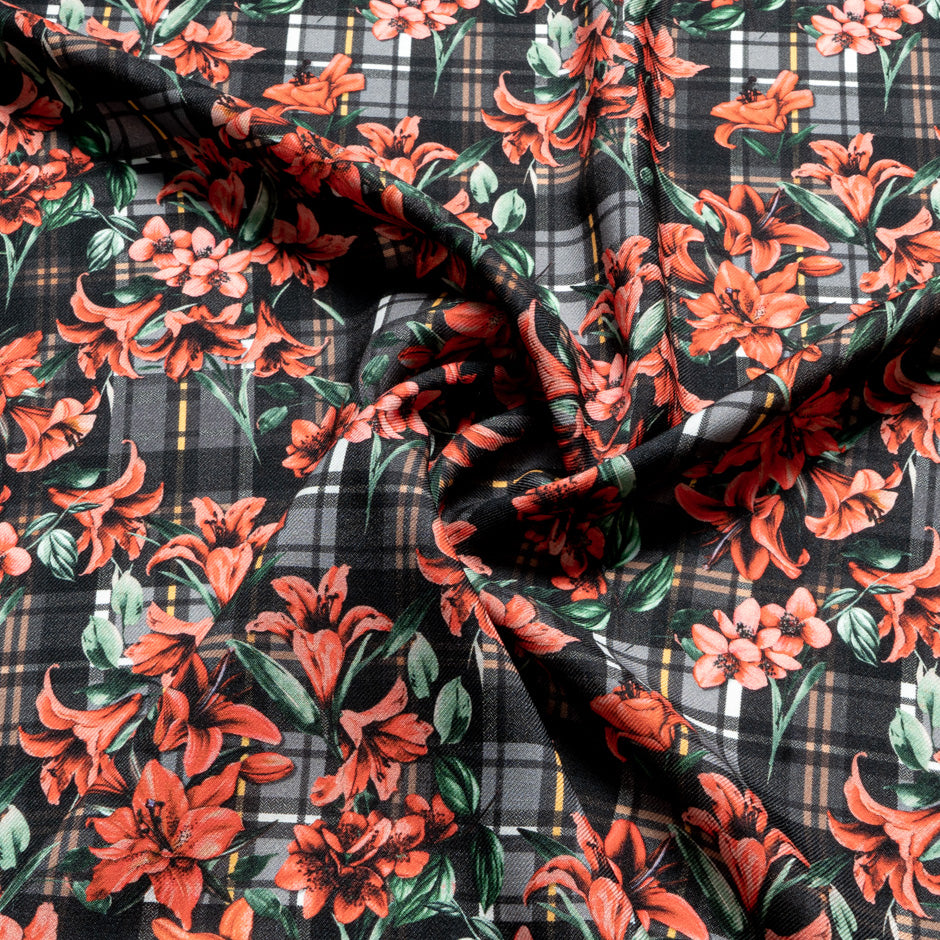 Red Floral Tartan Printed Pure Merino Wool