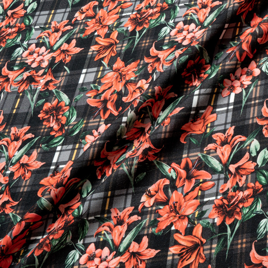 Red Floral Tartan Printed Pure Merino Wool