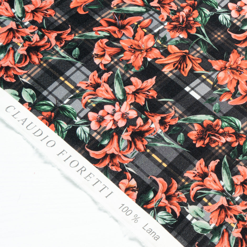 Red Floral Tartan Printed Pure Merino Wool