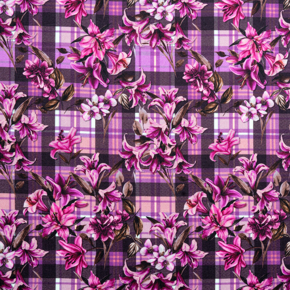 Pink Floral & Tartan Printed Pure Merino Wool