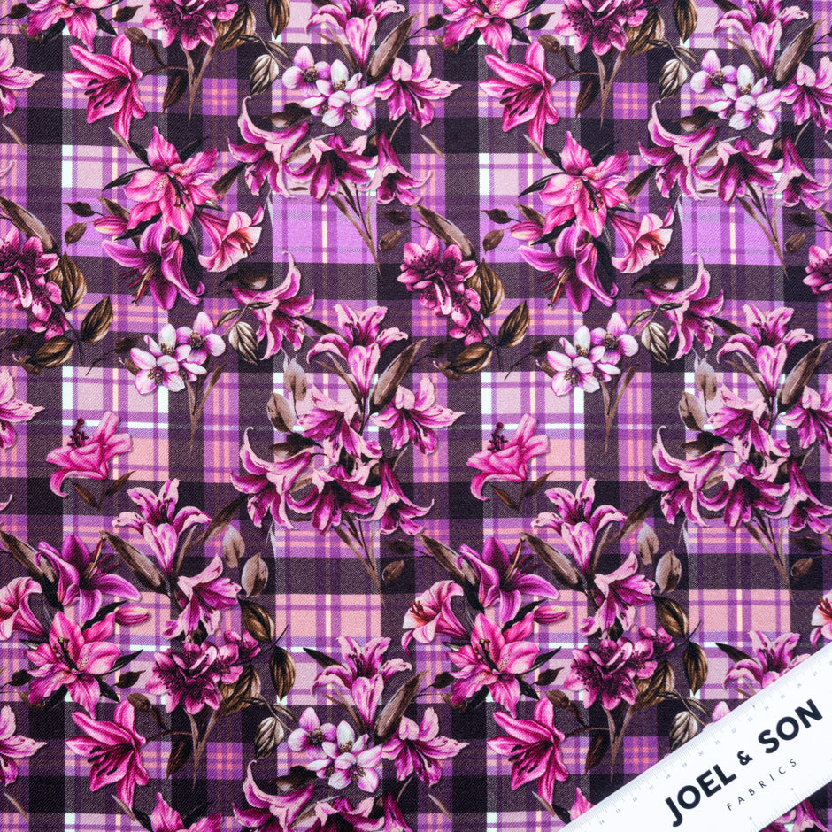 Pink Floral & Tartan Printed Pure Merino Wool