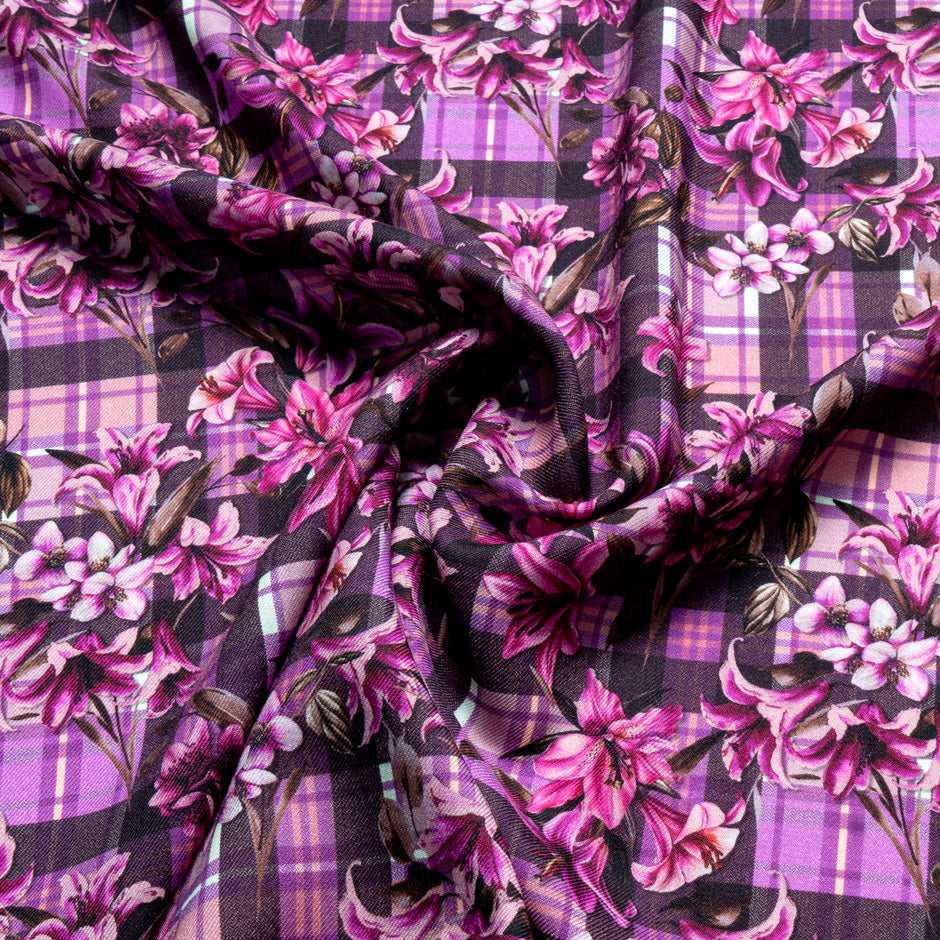 Pink Floral & Tartan Printed Pure Merino Wool