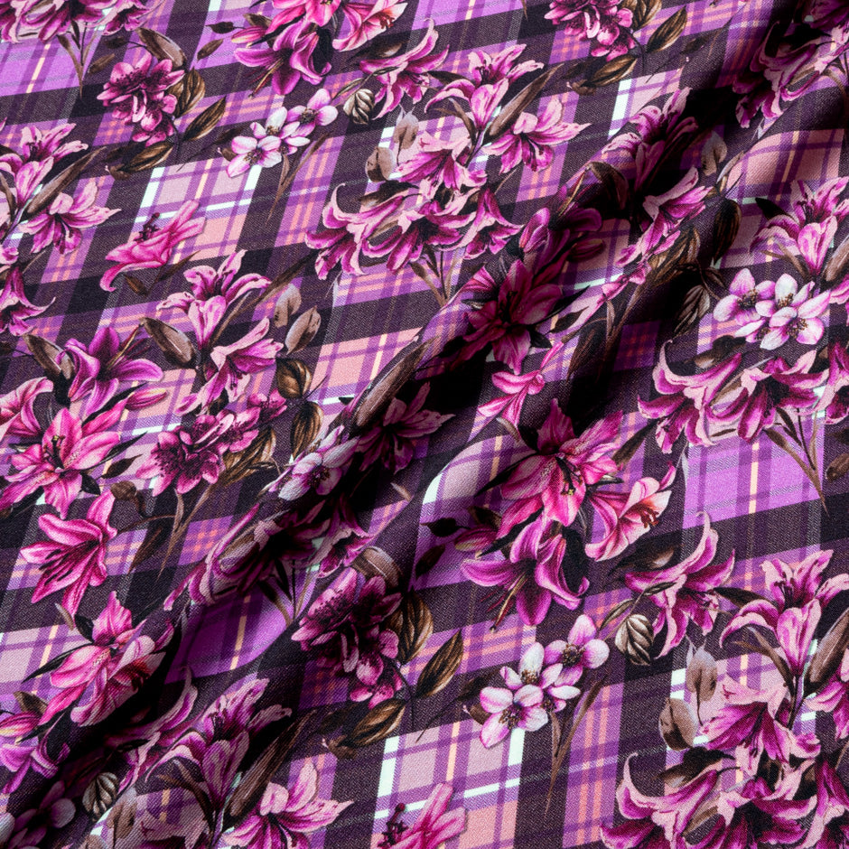 Pink Floral & Tartan Printed Pure Merino Wool