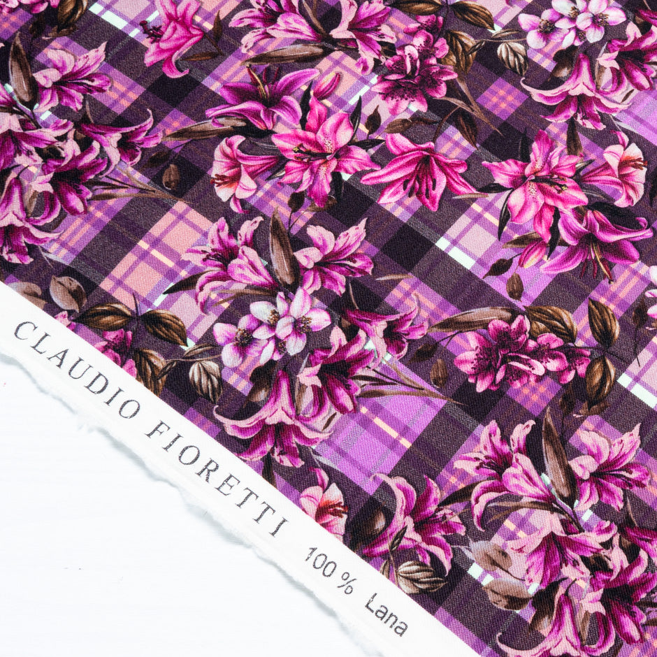 Pink Floral & Tartan Printed Pure Merino Wool