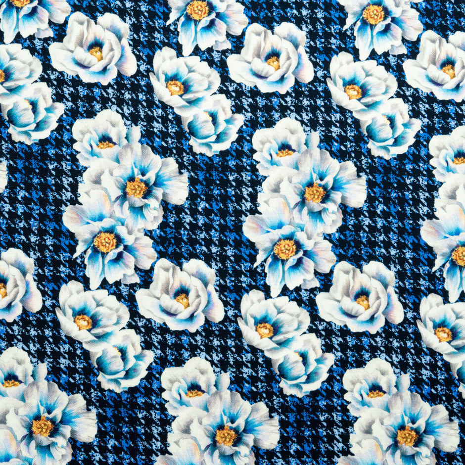 Floral Printed Blue Dogtooth Pure Merino Wool