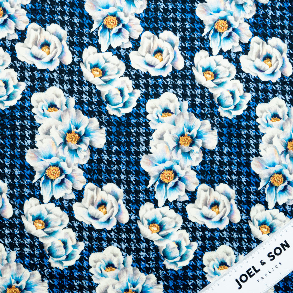 Floral Printed Blue Dogtooth Pure Merino Wool