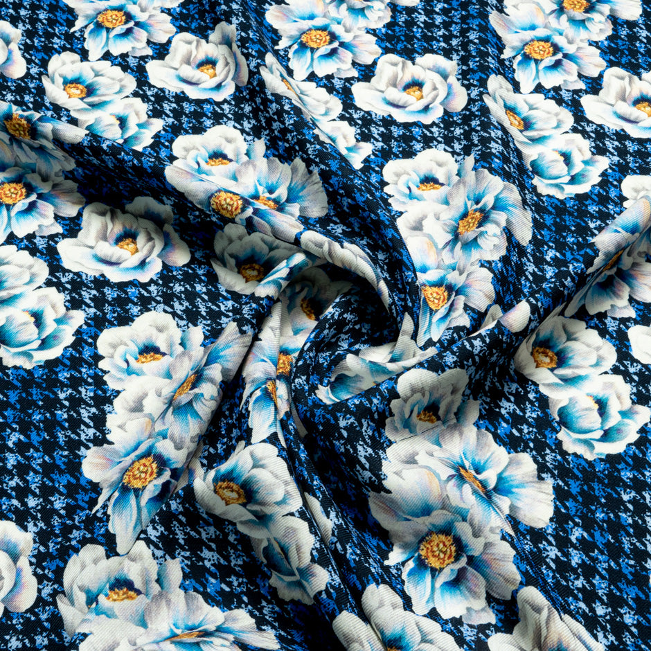 Floral Printed Blue Dogtooth Pure Merino Wool