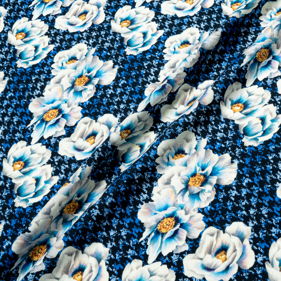 Floral Printed Blue Dogtooth Pure Merino Wool