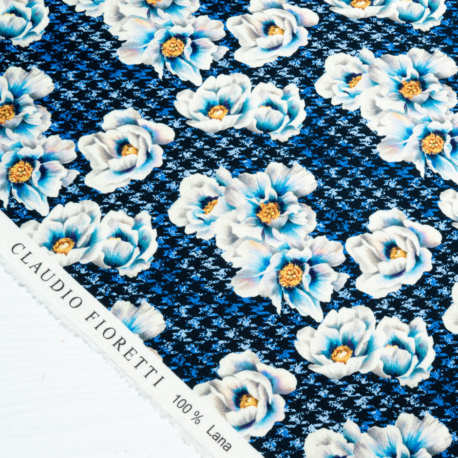 Floral Printed Blue Dogtooth Pure Merino Wool