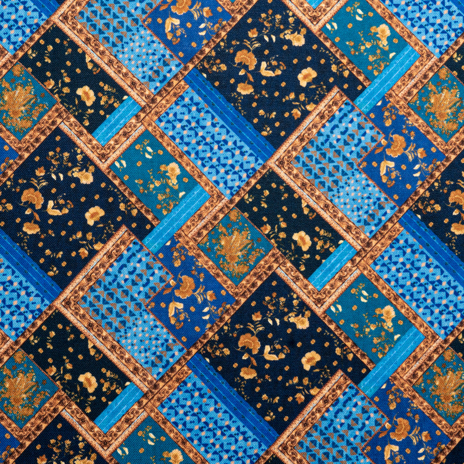 Blue & Orange Patchwork Printed Pure Merino Wool
