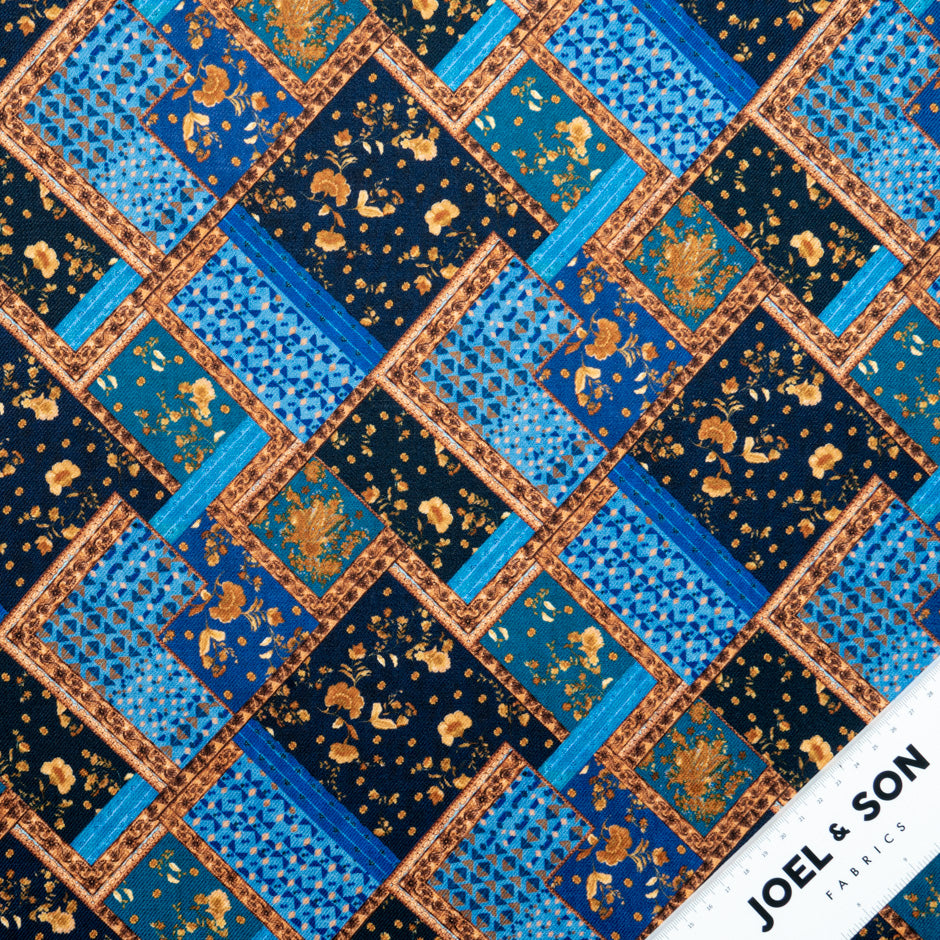 Blue & Orange Patchwork Printed Pure Merino Wool