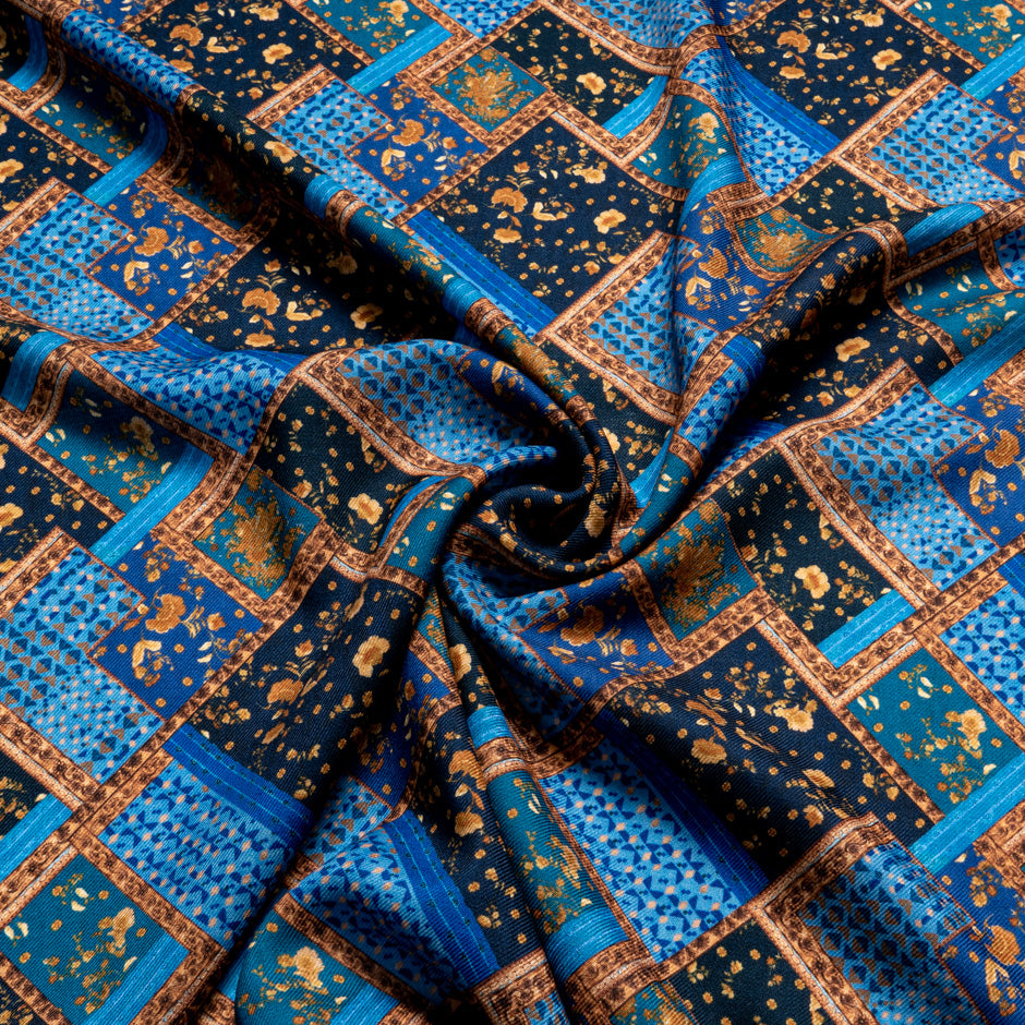 Blue & Orange Patchwork Printed Pure Merino Wool