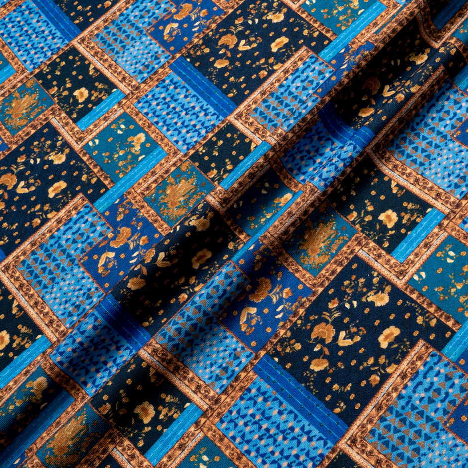 Blue & Orange Patchwork Printed Pure Merino Wool