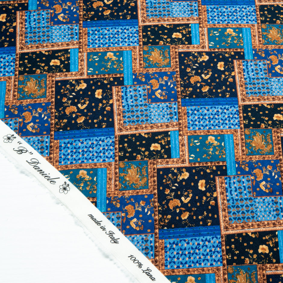 Blue & Orange Patchwork Printed Pure Merino Wool