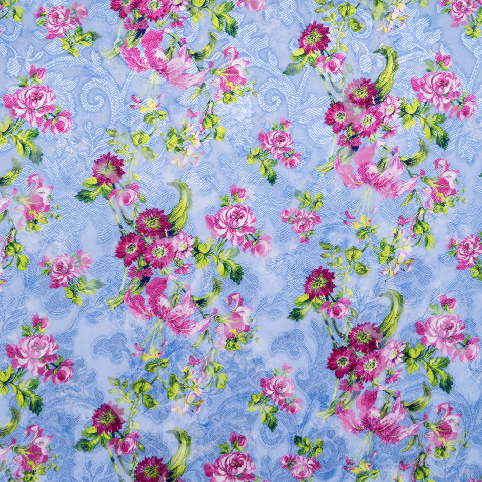 Pink Floral Printed Rich Blue Silk Jacquard Chiffon