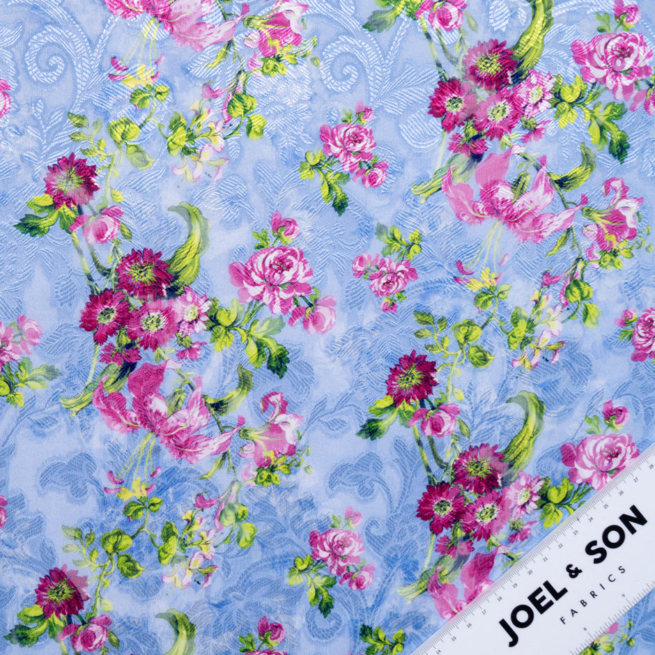 Pink Floral Printed Rich Blue Silk Jacquard Chiffon