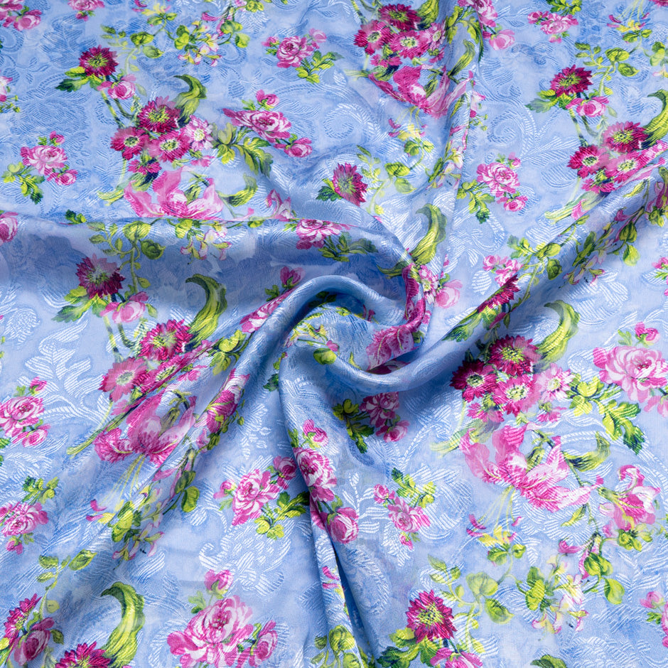 Pink Floral Printed Rich Blue Silk Jacquard Chiffon