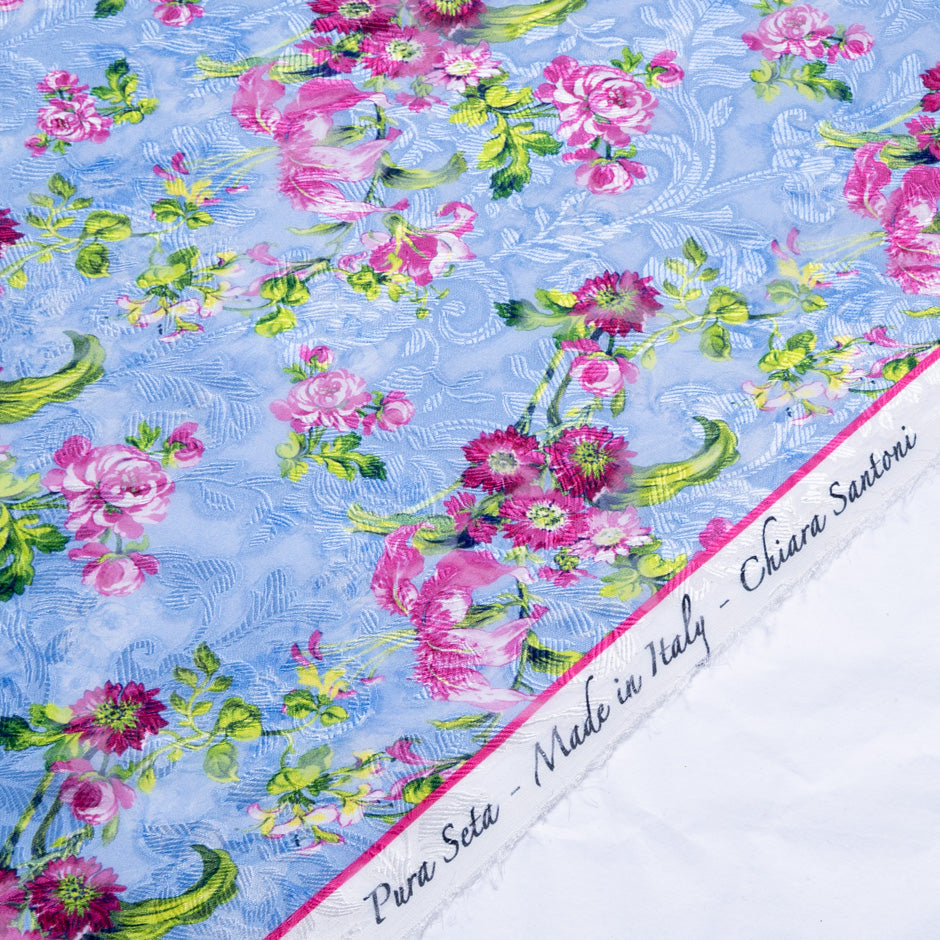 Pink Floral Printed Rich Blue Silk Jacquard Chiffon