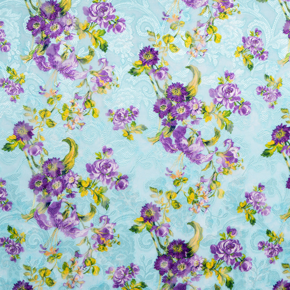Purple Floral Printed Blue Silk Jacquard Chiffon