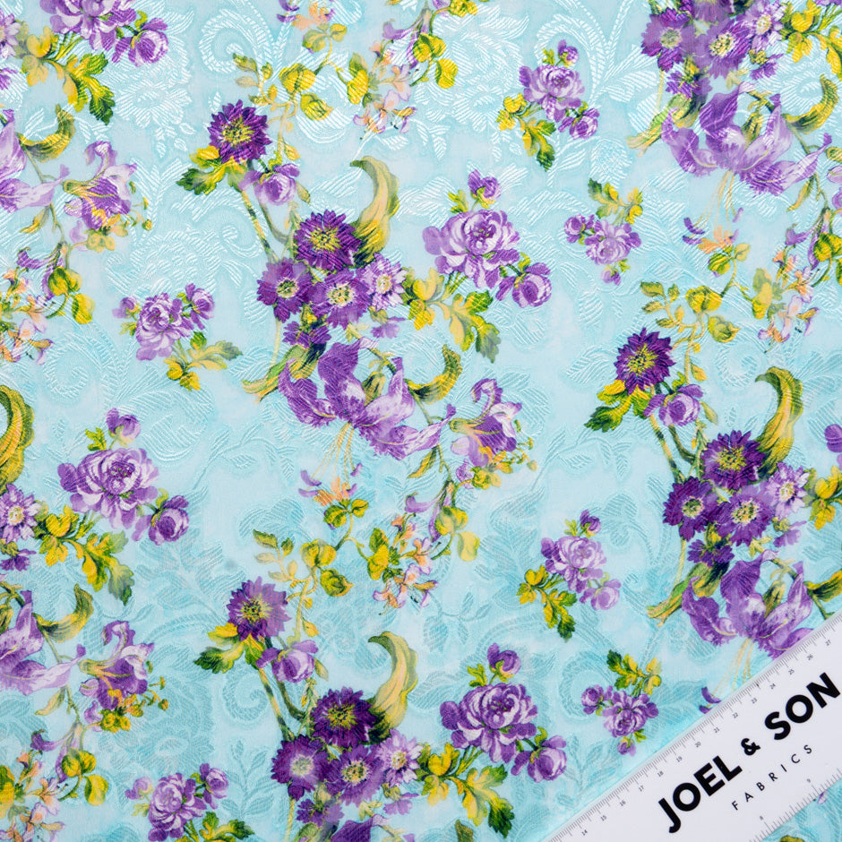 Purple Floral Printed Blue Silk Jacquard Chiffon