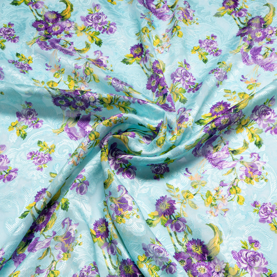 Purple Floral Printed Blue Silk Jacquard Chiffon