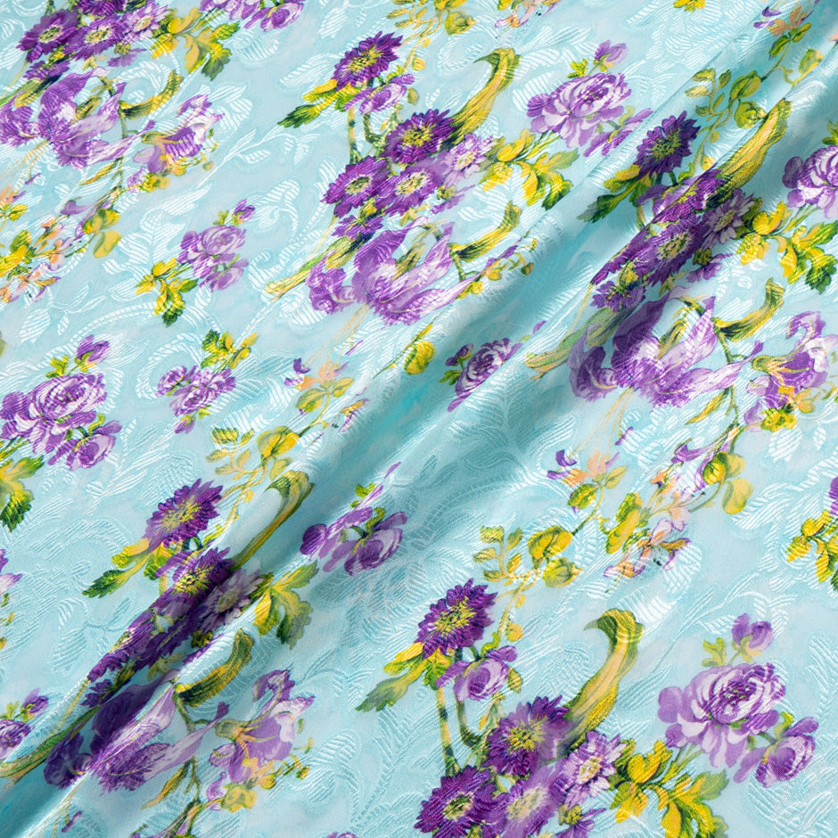 Purple Floral Printed Blue Silk Jacquard Chiffon