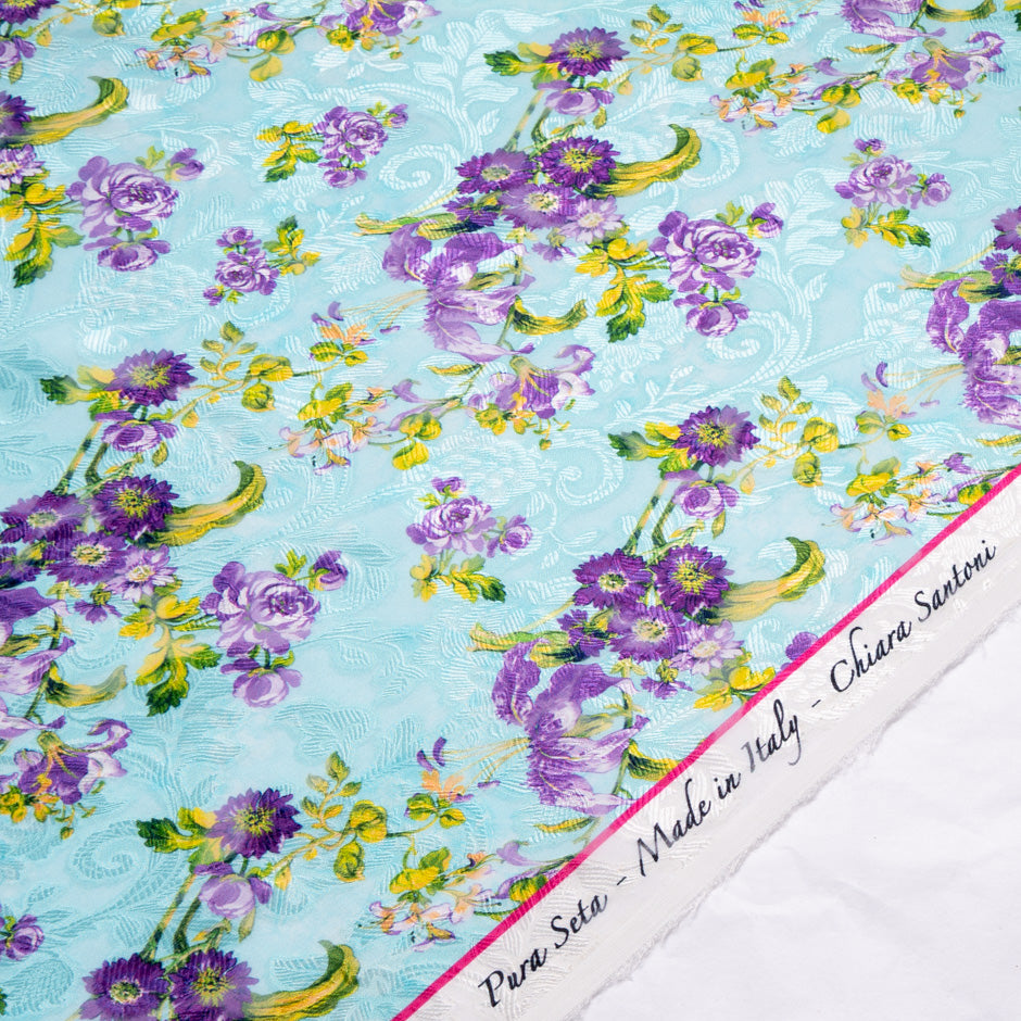 Purple Floral Printed Blue Silk Jacquard Chiffon
