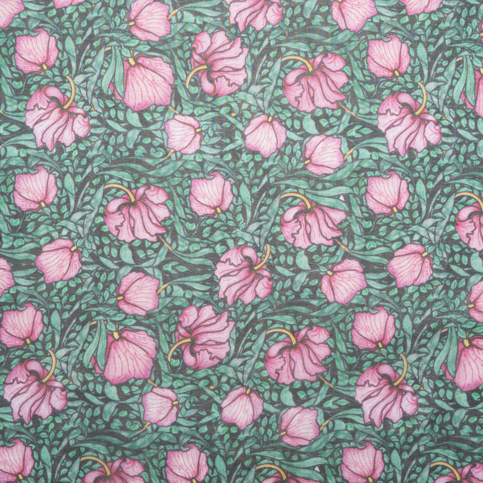 Pink Floral Printed Green Silk Chiffon