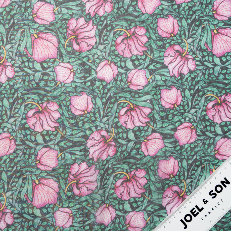 Pink Floral Printed Green Silk Chiffon