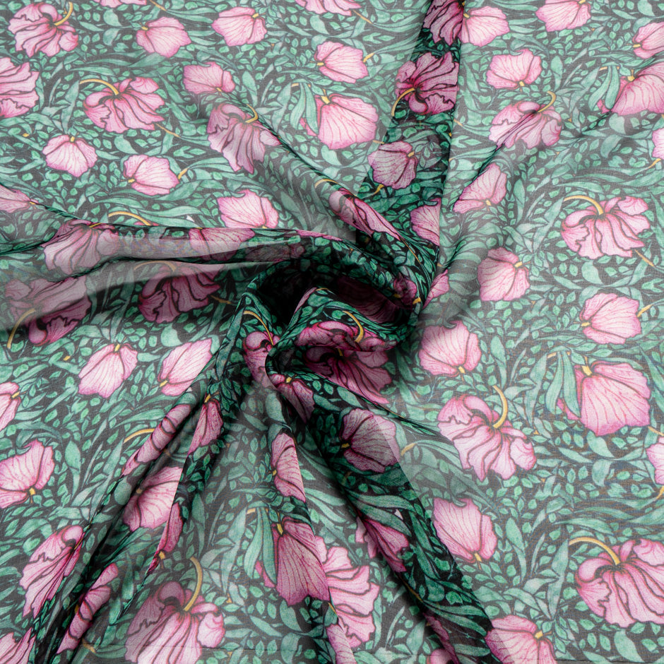 Pink Floral Printed Green Silk Chiffon