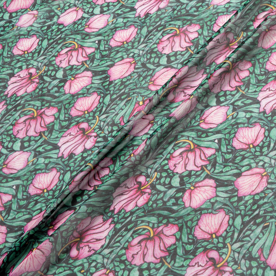 Pink Floral Printed Green Silk Chiffon