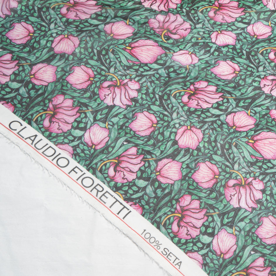 Pink Floral Printed Green Silk Chiffon