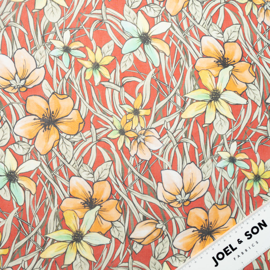 Ivory & Yellow Floral Printed Royal Blue Silk Chiffon