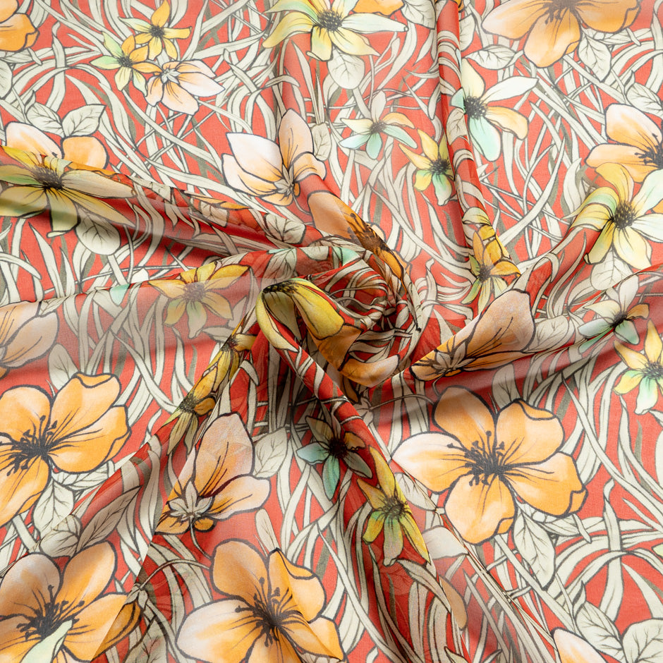 Ivory & Yellow Floral Printed Royal Blue Silk Chiffon
