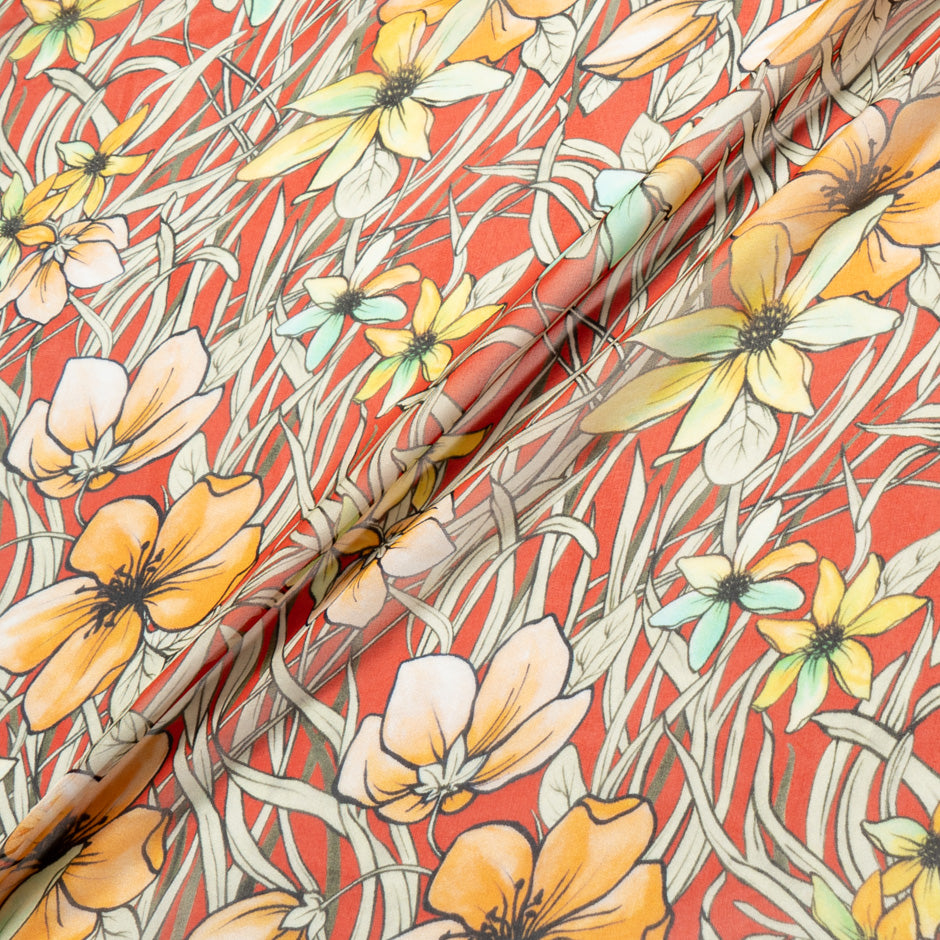 Ivory & Yellow Floral Printed Royal Blue Silk Chiffon