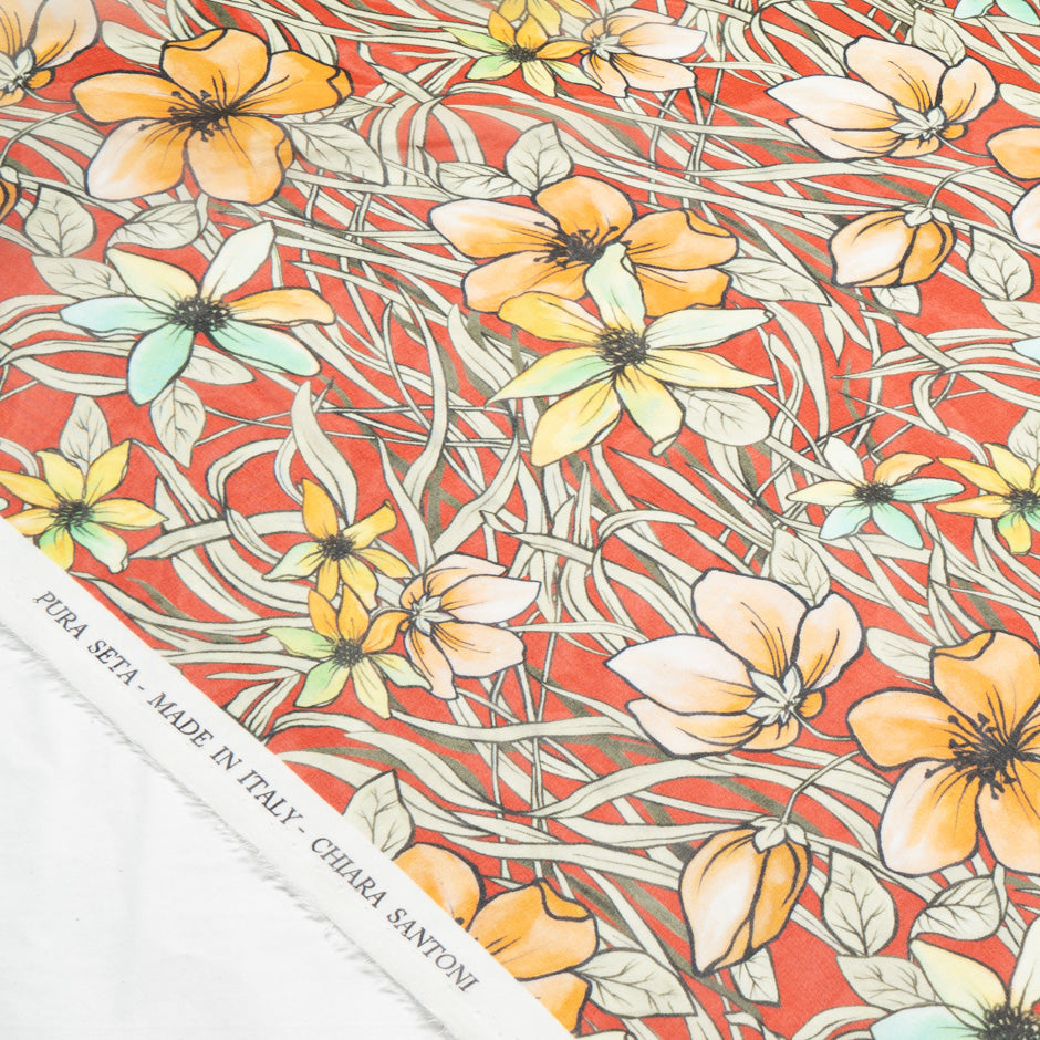 Ivory & Yellow Floral Printed Royal Blue Silk Chiffon