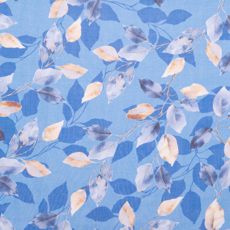 Leaf Printed Blue Silk Chiffon