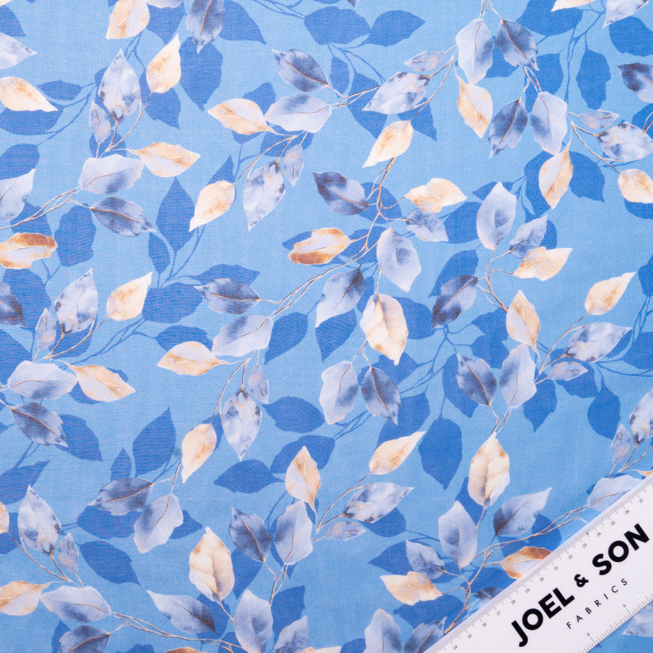 Leaf Printed Blue Silk Chiffon