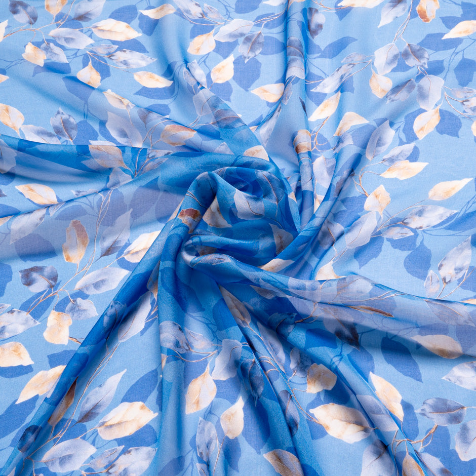 Leaf Printed Blue Silk Chiffon
